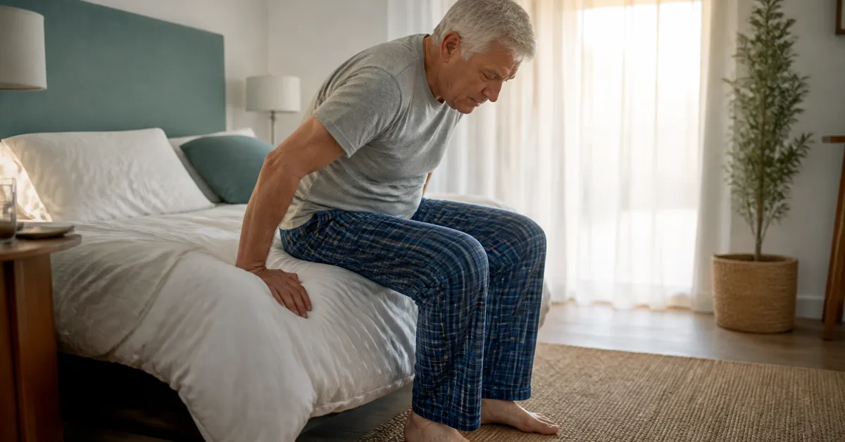 Person steht am Morgen langsam vom Bettrand auf und stützt sich dabei mit einer Hand ab
