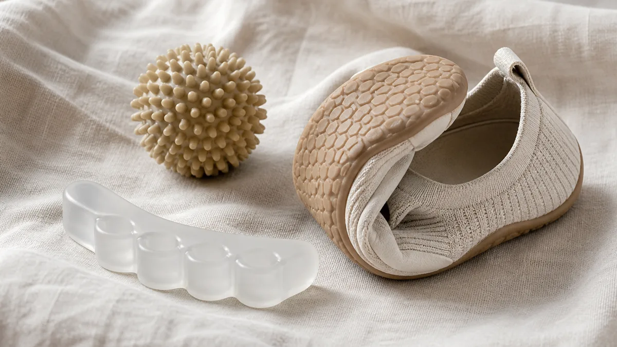 Nahaufnahme eines nackten Fusses mit Hallux valgus, die Grosszehe spreizt aktiv gegen einen Silikon-Zehenspreizer