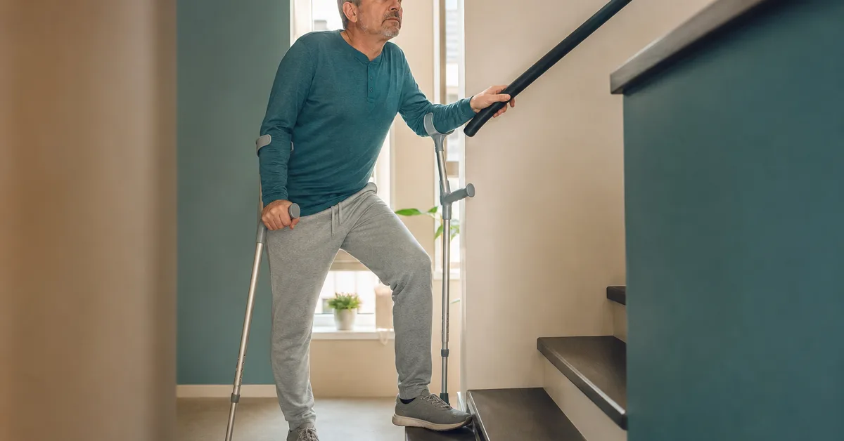 Person mit zwei Unterarmgehstützen steht am Fuss einer Treppe und setzt einen Fuss auf die erste Stufe