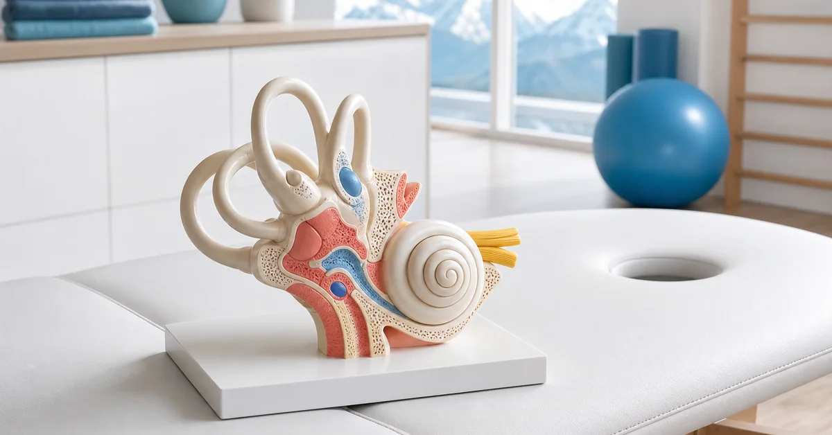 Anatomisches Modell des Innenohrs mit den Bogengängen auf einer Physiotherapie-Behandlungsliege im weichen Morgenlicht