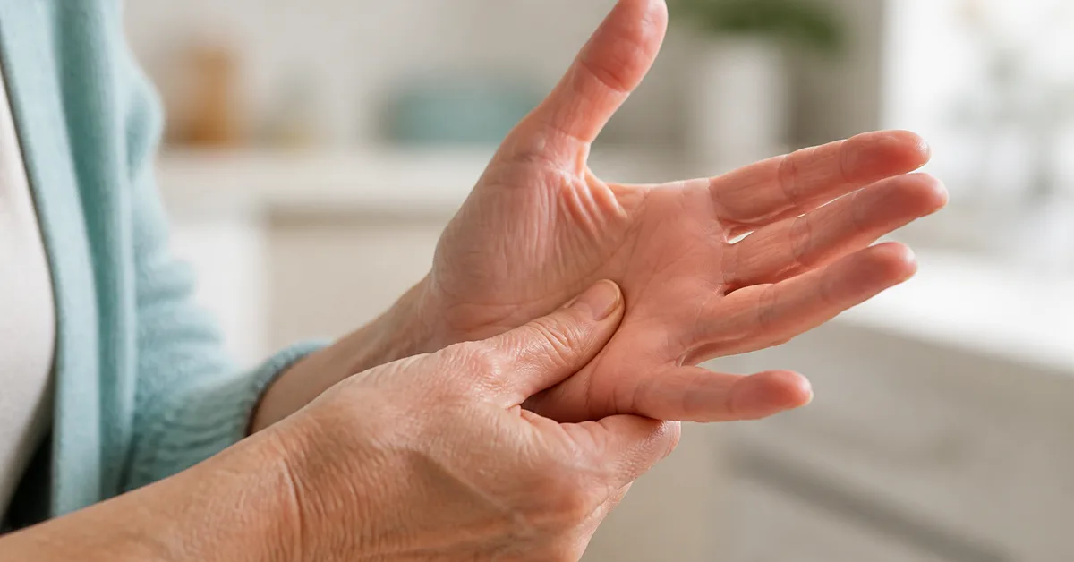 Nahaufnahme zweier Hände: ein Daumen tastet die Handinnenfläche unterhalb der Finger ab