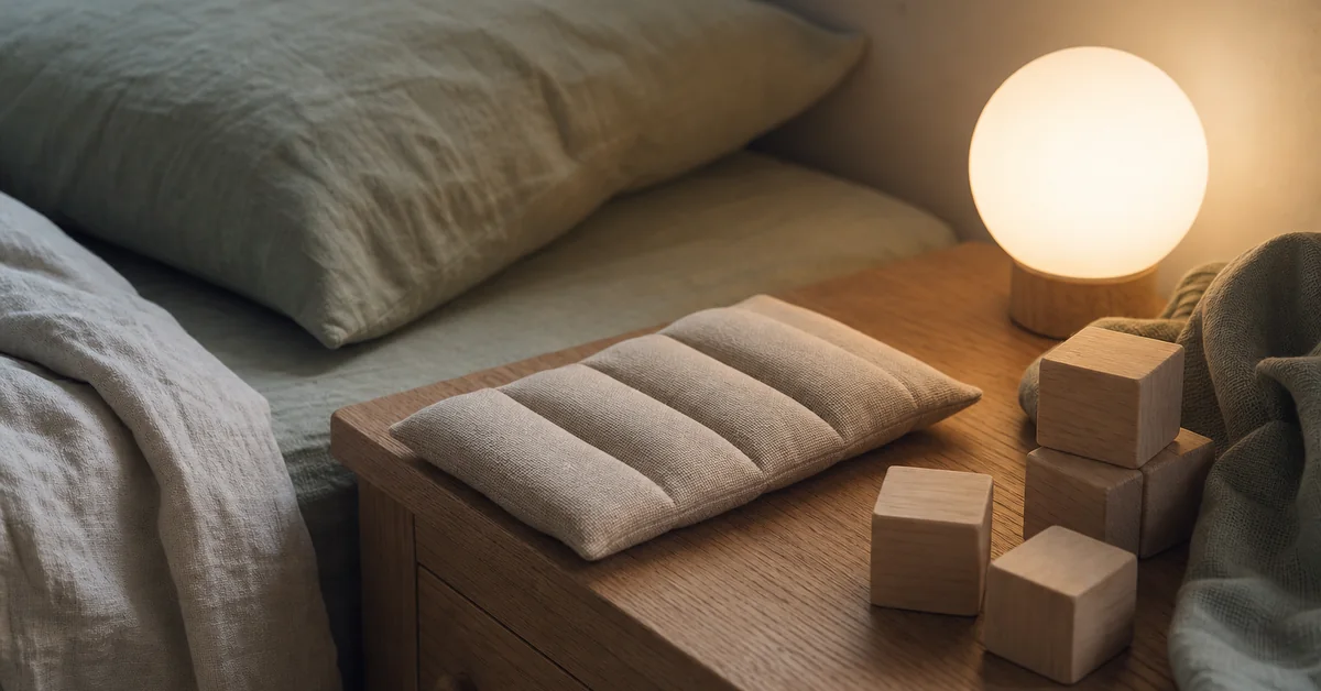 Kind sitzt abends im Bett und hält sich mit beiden Händen das schmerzende Schienbein, eine Elternhand liegt beruhigend auf dem Bein